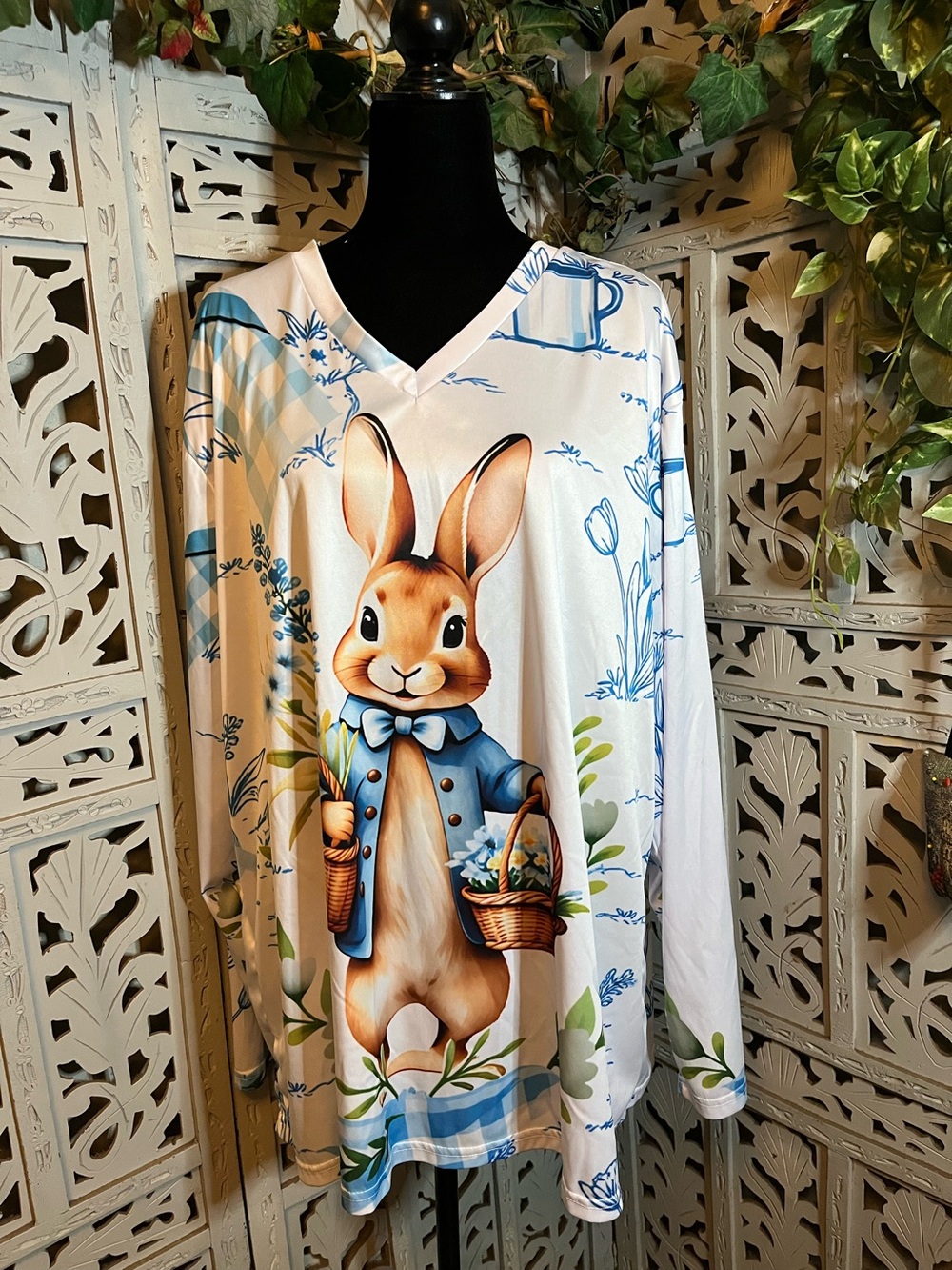 COTTAGECORE PETER RABBIT WITH WHITE & BLUE PATTERN LONG SLEEVE PLUS SIZE TOP